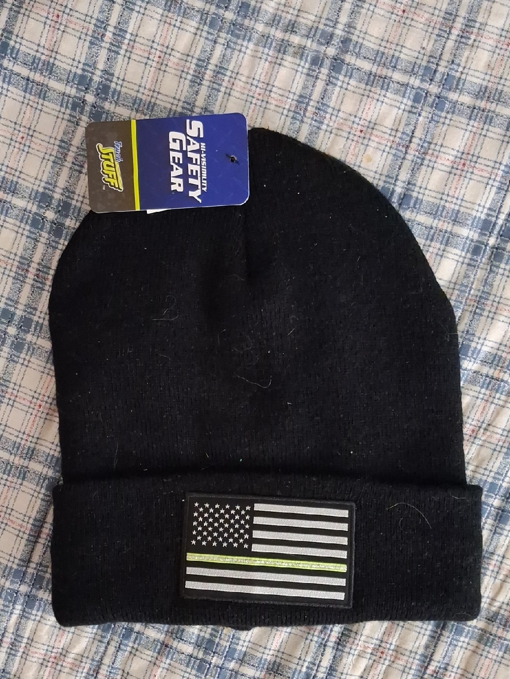 Wild Wear Black Beanie Hat with Thin Green Line Flag Patch